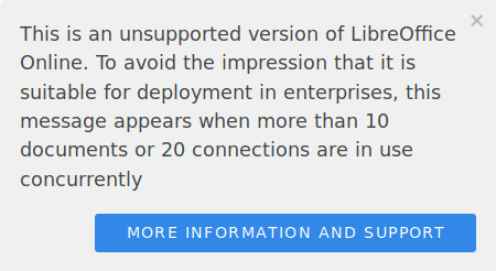 Captura de tela mostrando um aviso sobre uma versão não suportada do LibreOffice Online