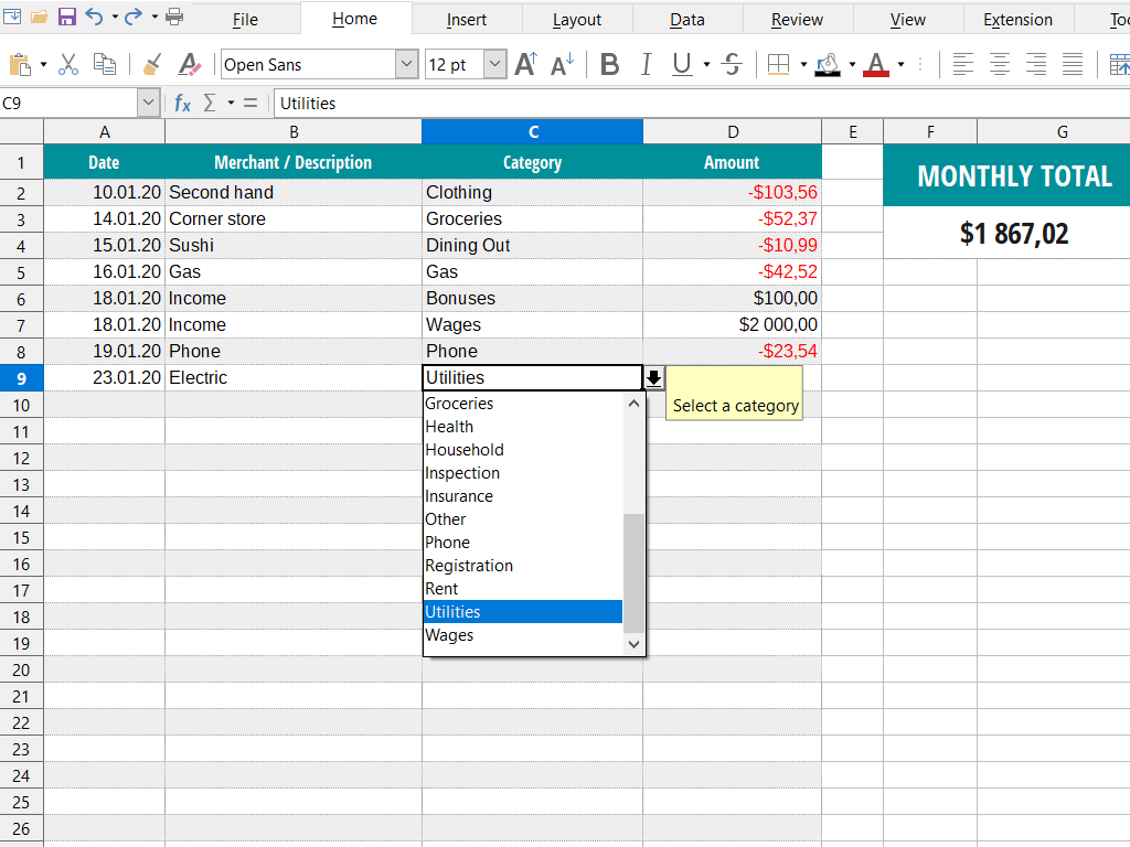 Captura de tela do Calc