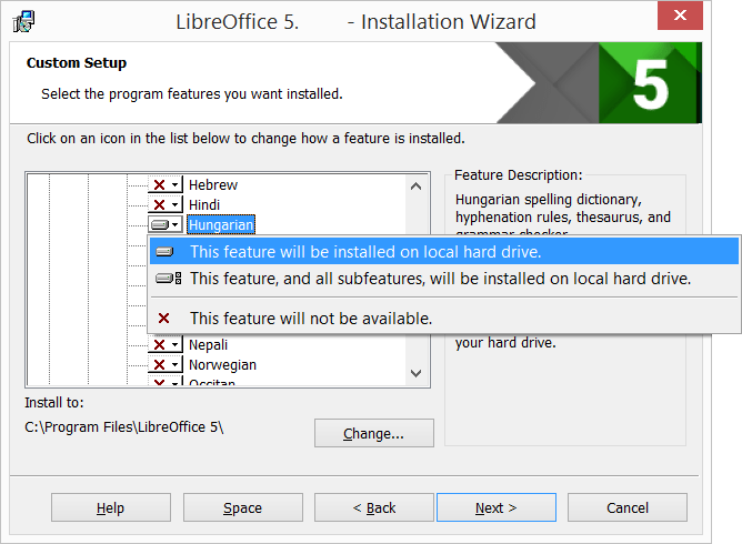 Dicionário ortográfico húngaro, regras de hifenização, dicionário de sinônimos e verificador gramatical | Assistente de instalação